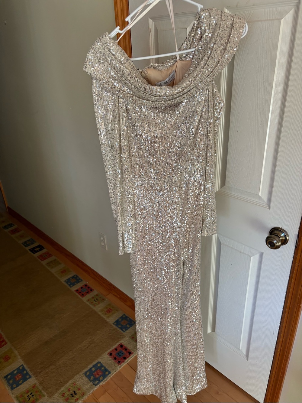Ieena for Mac Duggal Champagne Sequin Off Shoulder Jumpsuit Gown Size 4